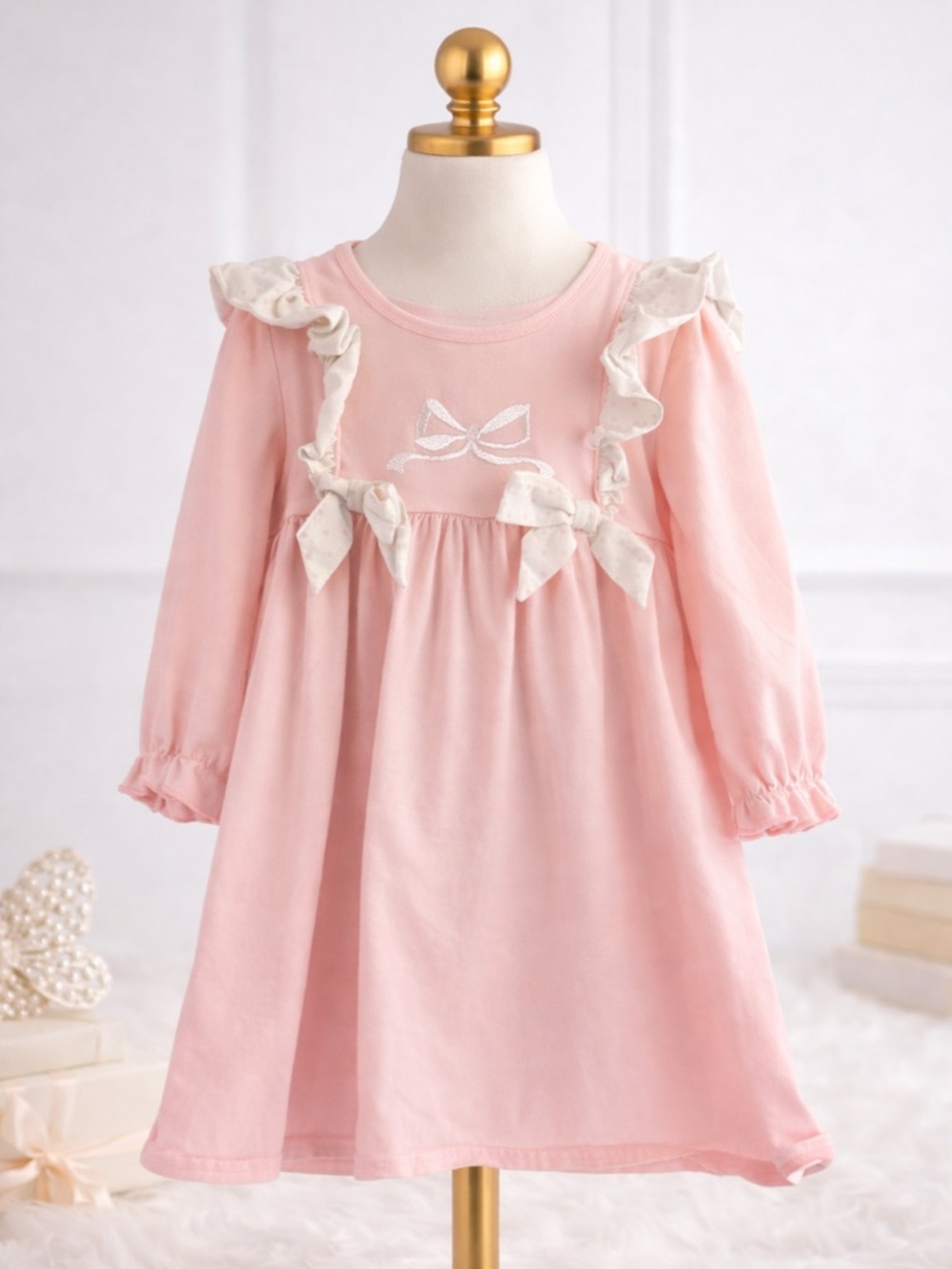 Toddler Girls Pink Ruffle Bow Dress Sz 4 Boutique Style Long Sleeve Soft Cotton